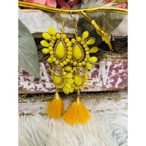 ARTISANAL 14k Gold Filled 4" Tassel Floral Shape Crystal Handmade Wire Earrings